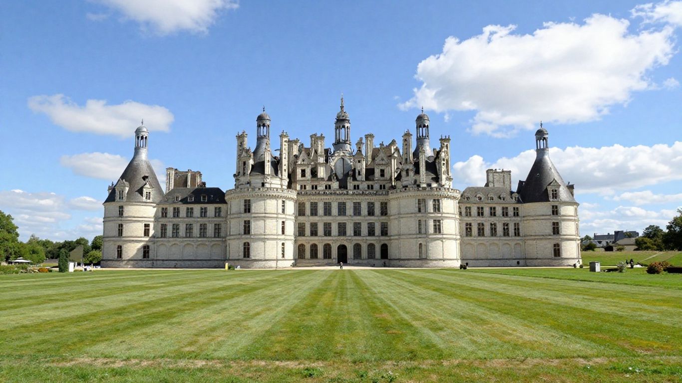 Château de Chambord with green lawns under a blue sky.