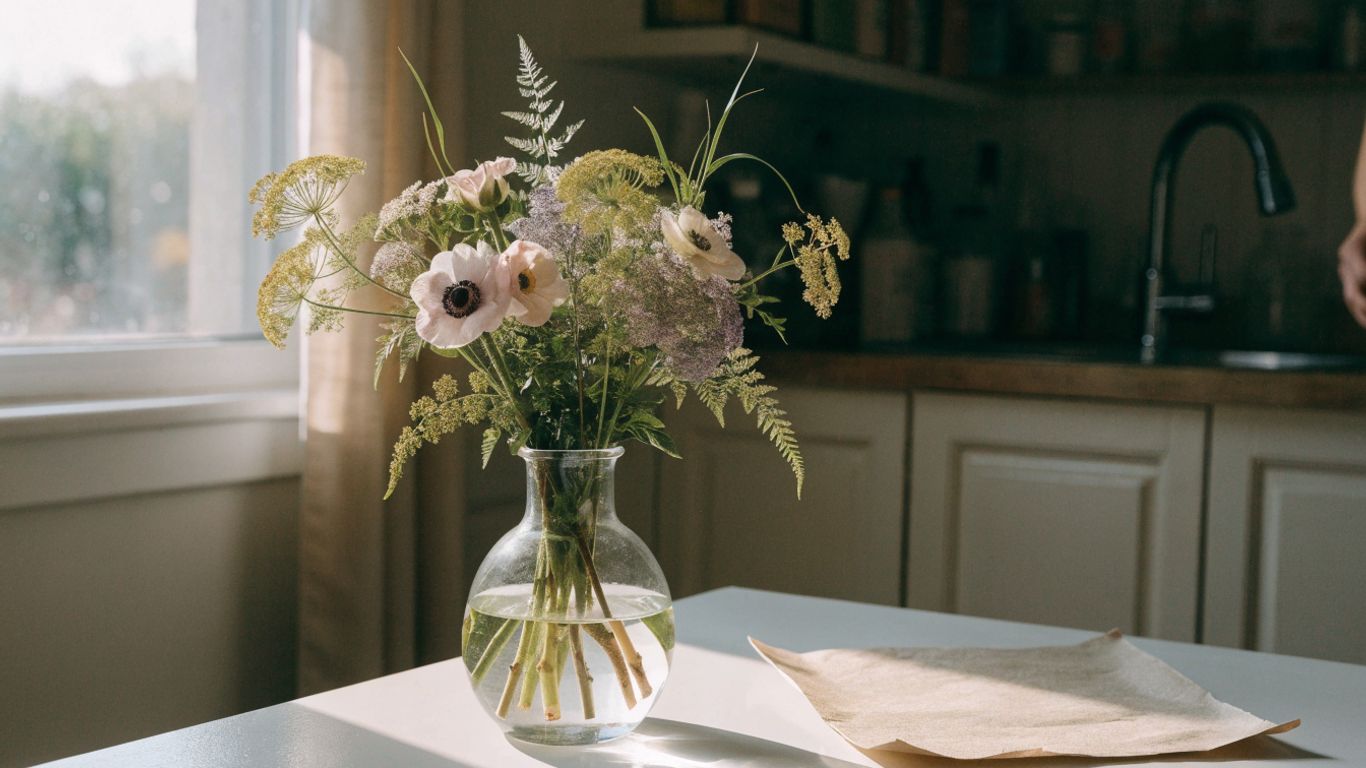 Seasonal flowers arranged simply on a bright tabletop