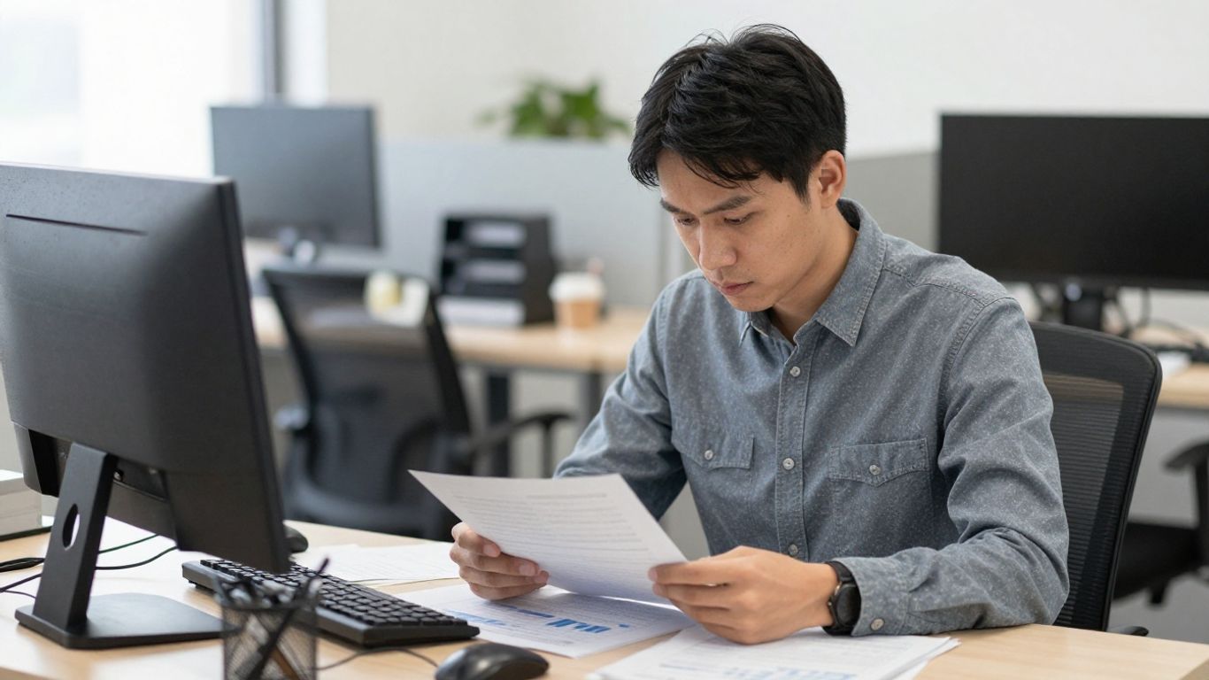 A person looking at a document with serious focus