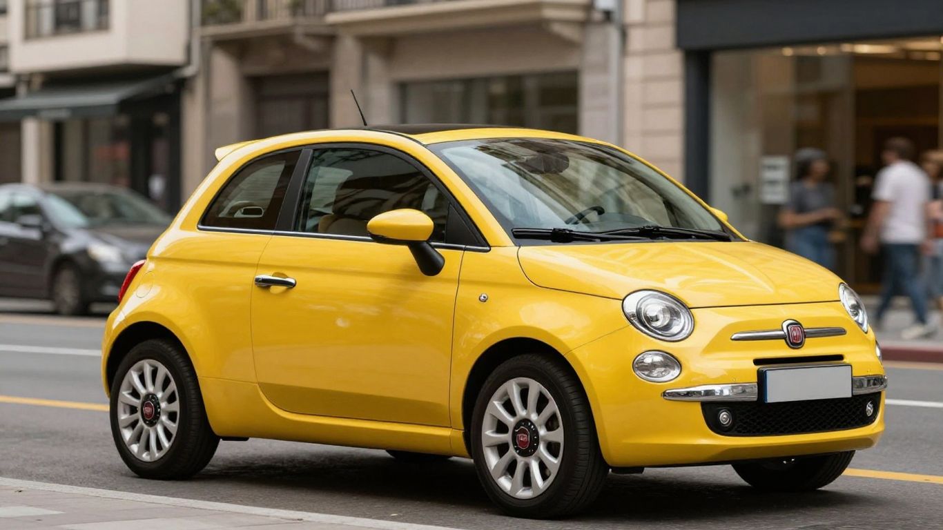 Gelber Fiat 500 in sonniger Stadtstraße