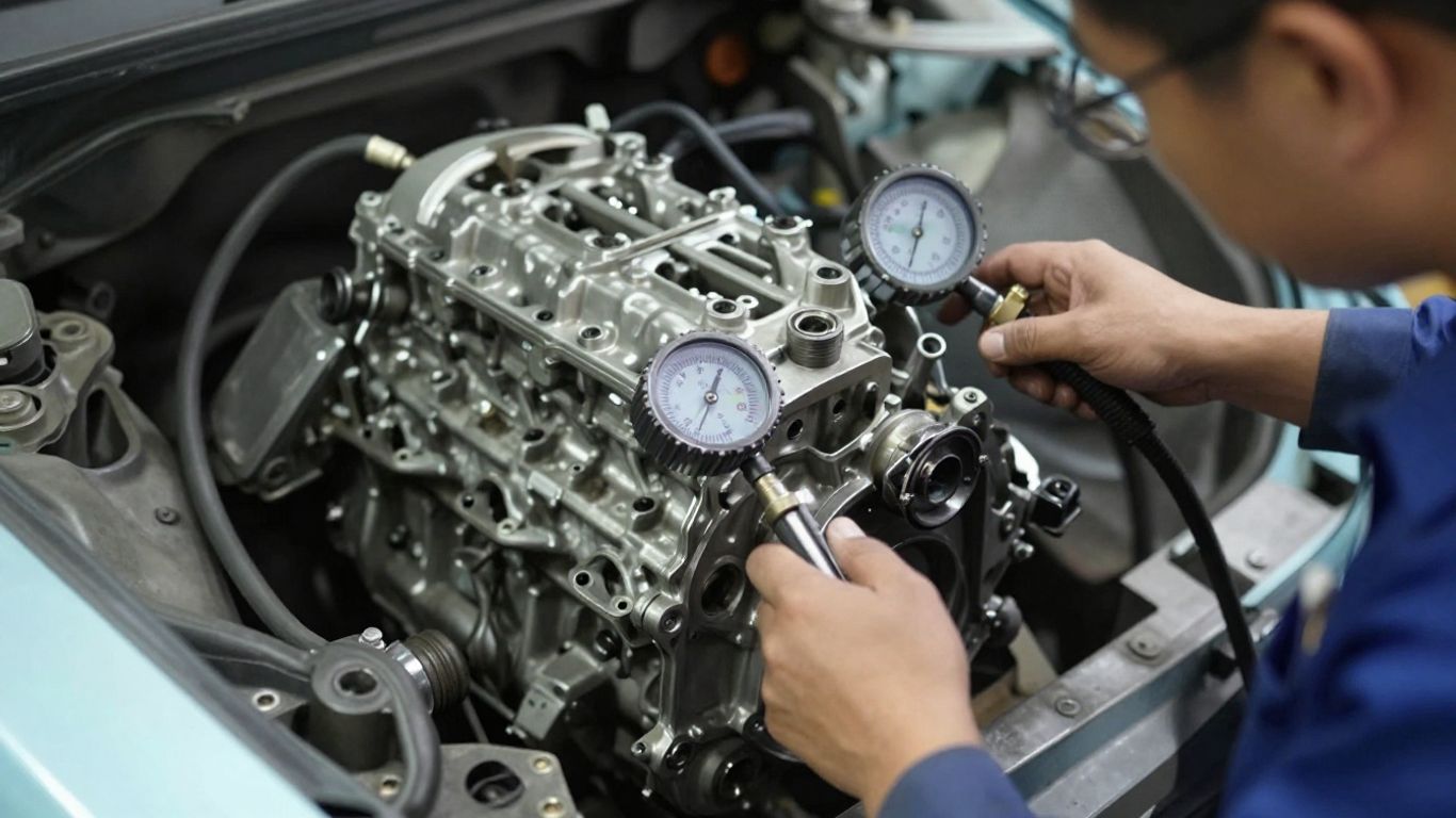 Mechanic measuring used engine components