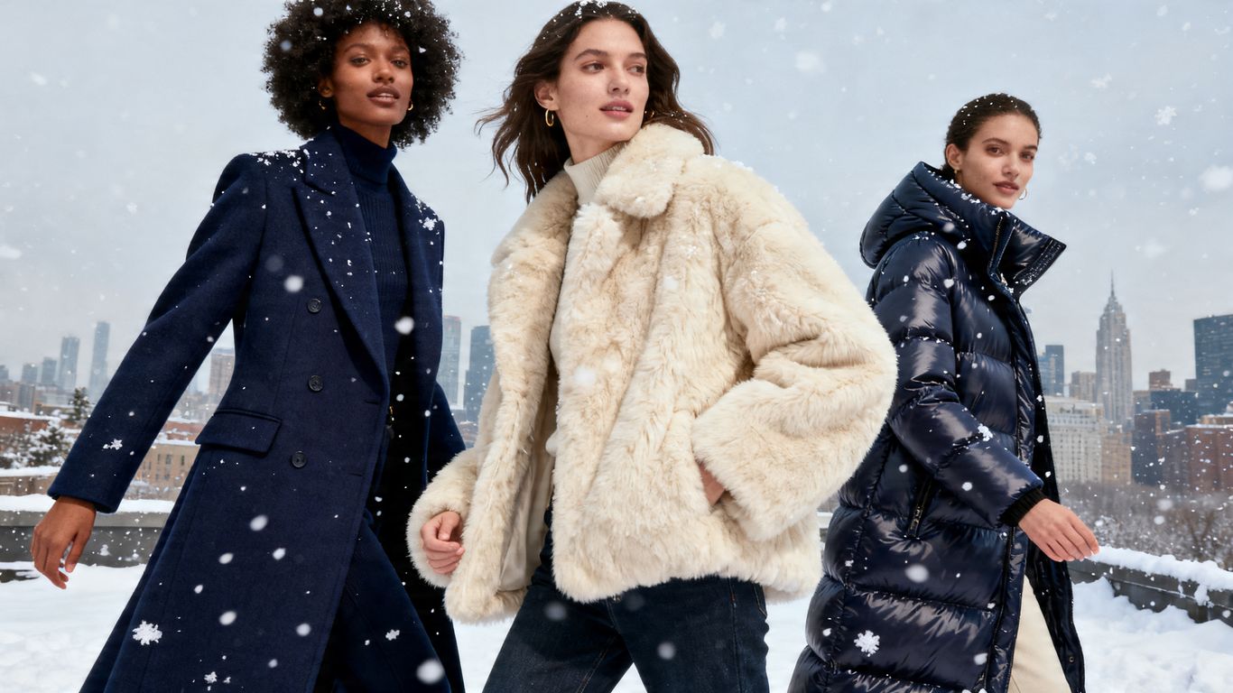 Models wearing stylish winter coats in a snowy city.