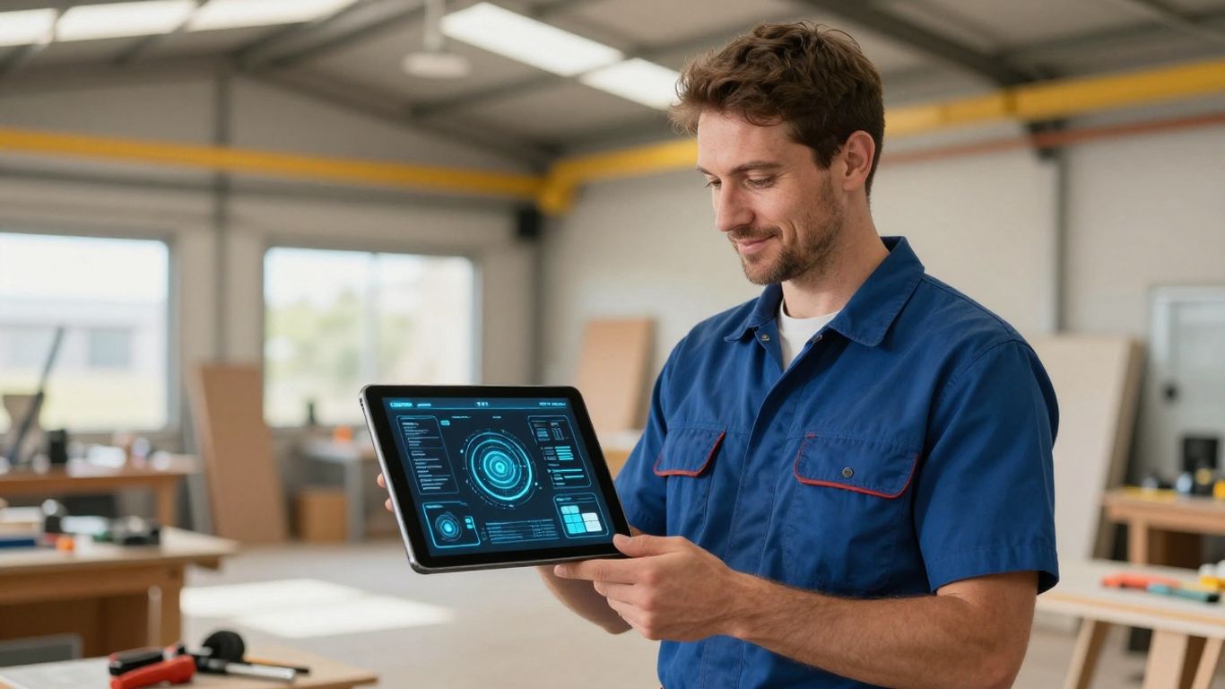 Tradie using AI technology on a tablet.