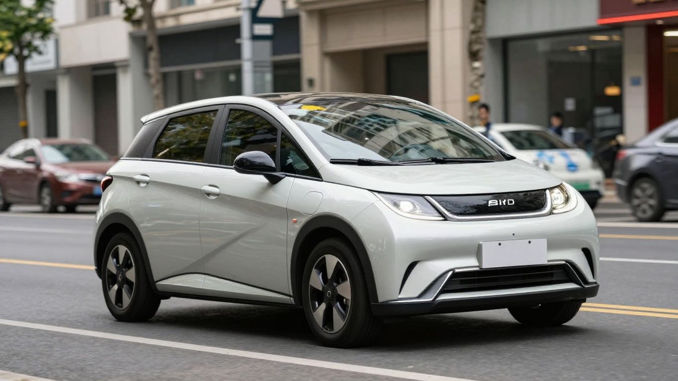 Compact hatch driving through an urban landscape