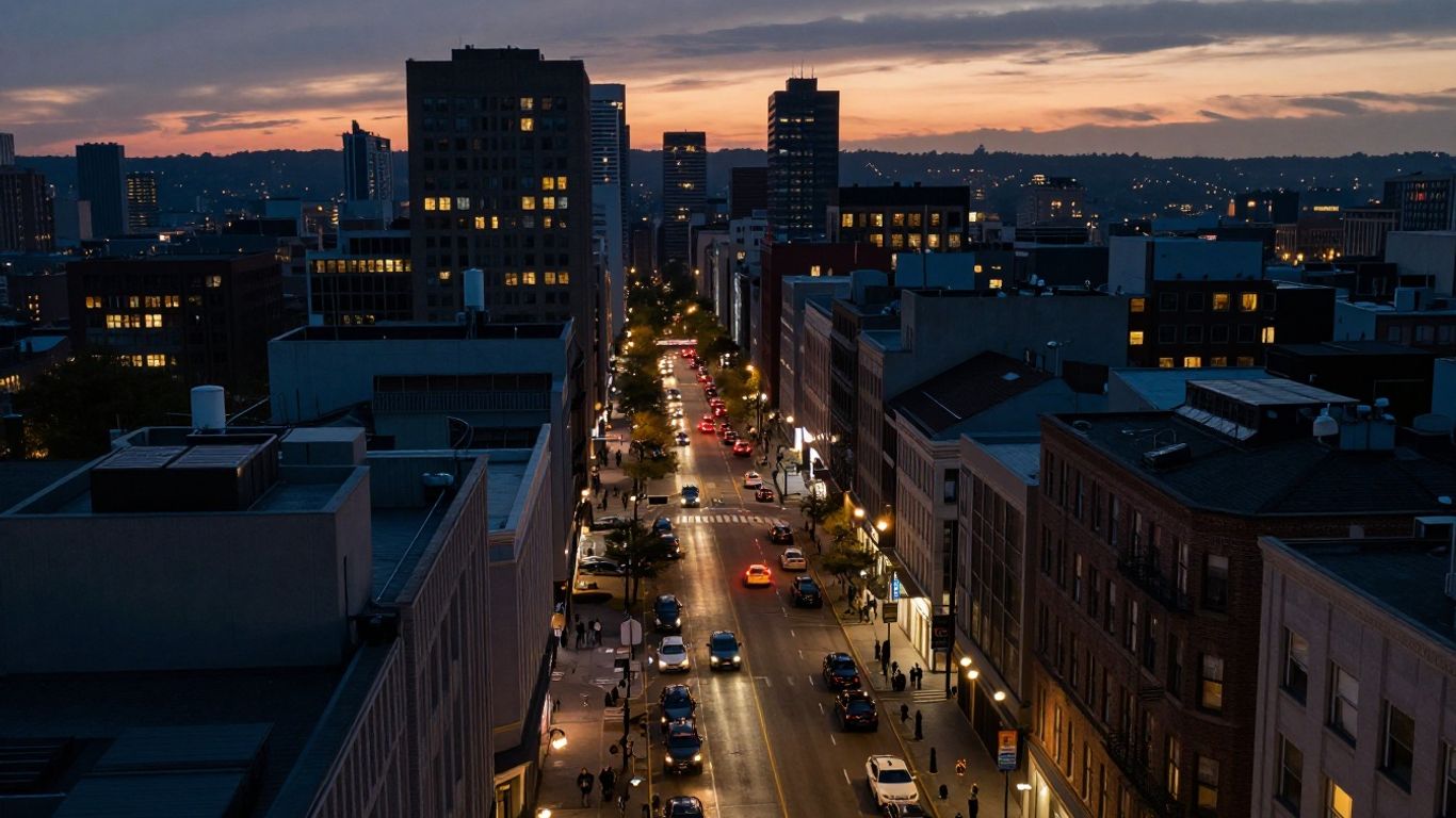 City street at dusk with a sense of downward motion.