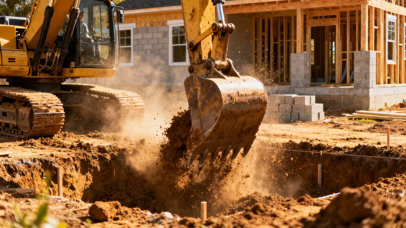 Excavator digging foundation at construction site.