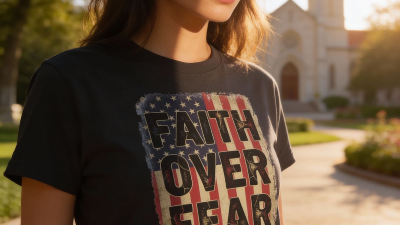 A person wears a t-shirt with 