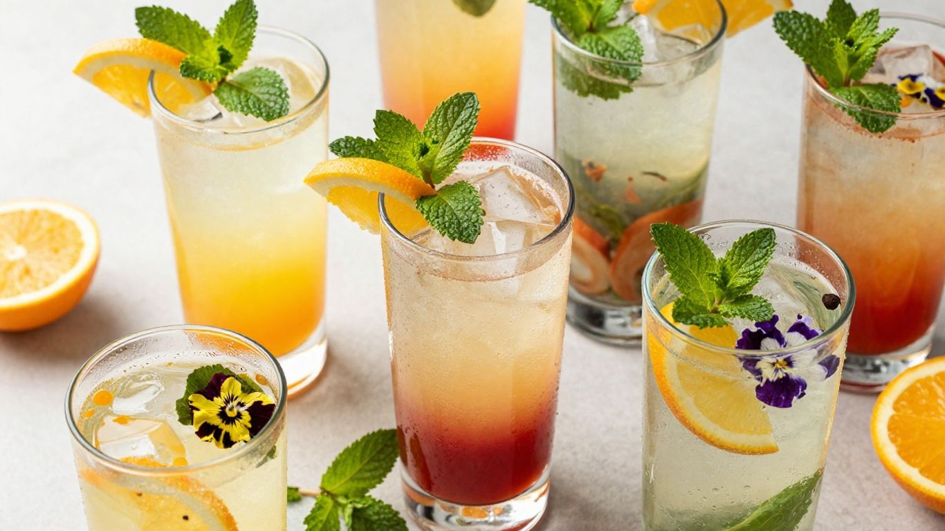 Colorful mocktails with fresh garnishes on a bright surface.