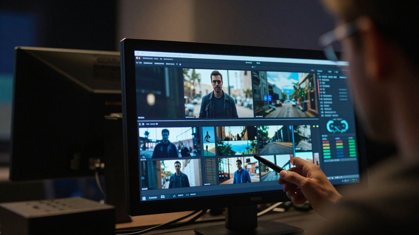 A studio monitor showing color-graded cinematic footage