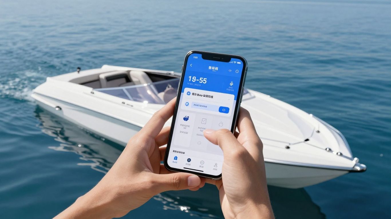 Boat loan calculator on a smartphone near a speedboat.