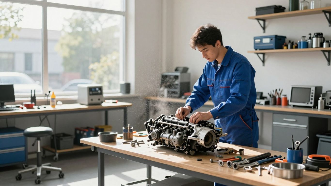 BMW wreckers workshop with mechanic working on car.
