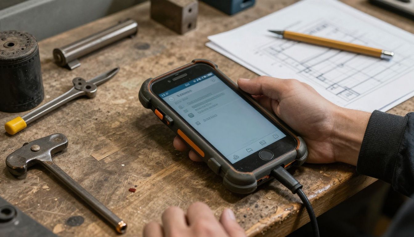 A tradie's phone in a rugged case resting on a workbench next to tools and plans.