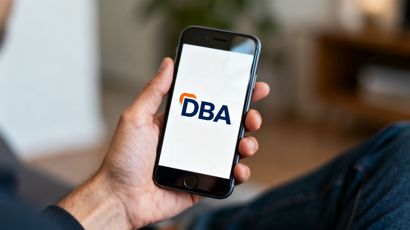 Person holder telefon med DBA logo.