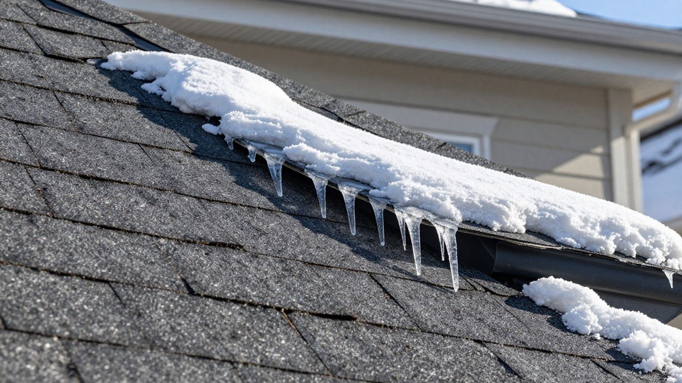Roof with icicles and snow, showing winter damage.