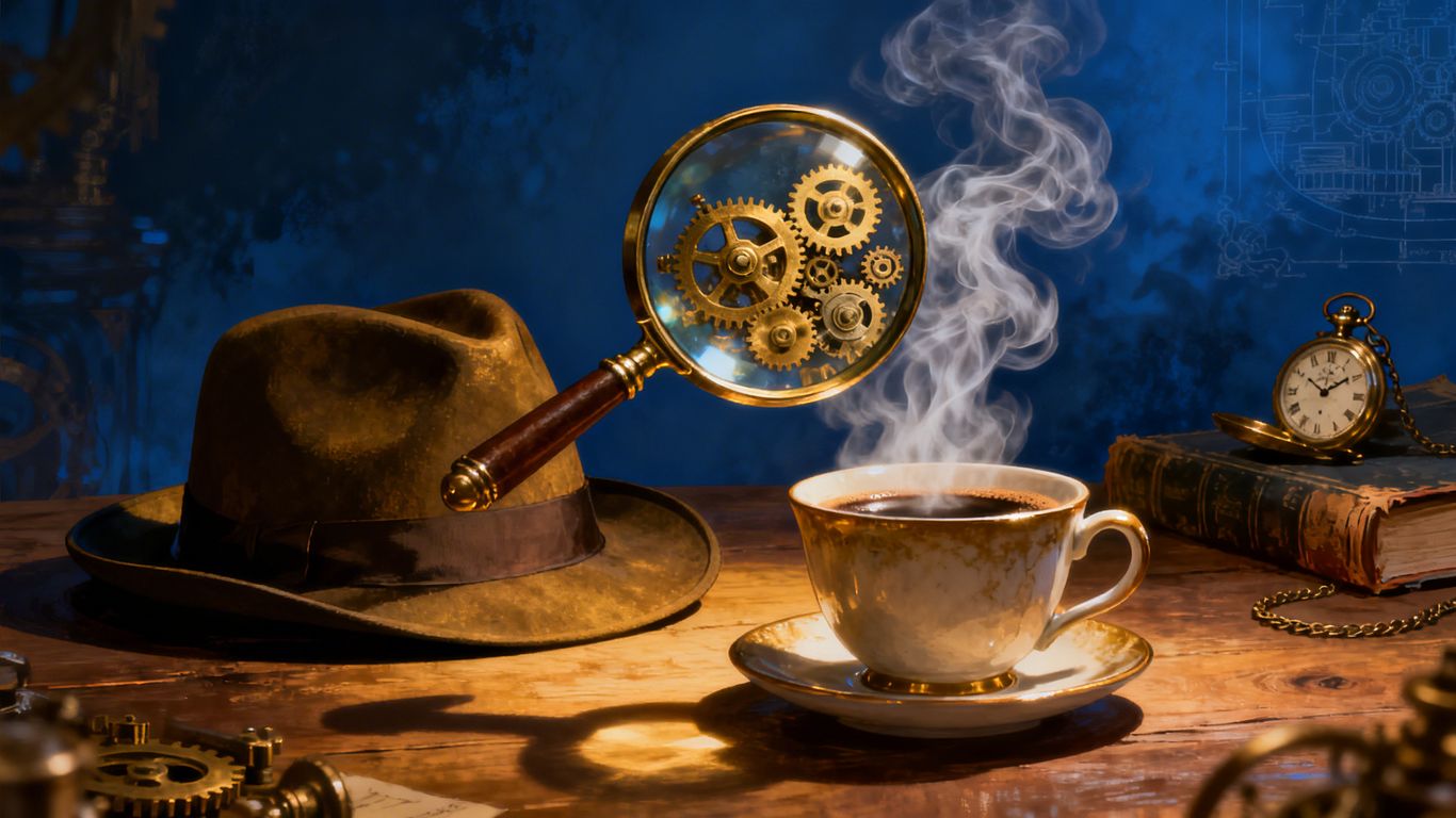 Detective magnifying glass over steaming coffee with gears.
