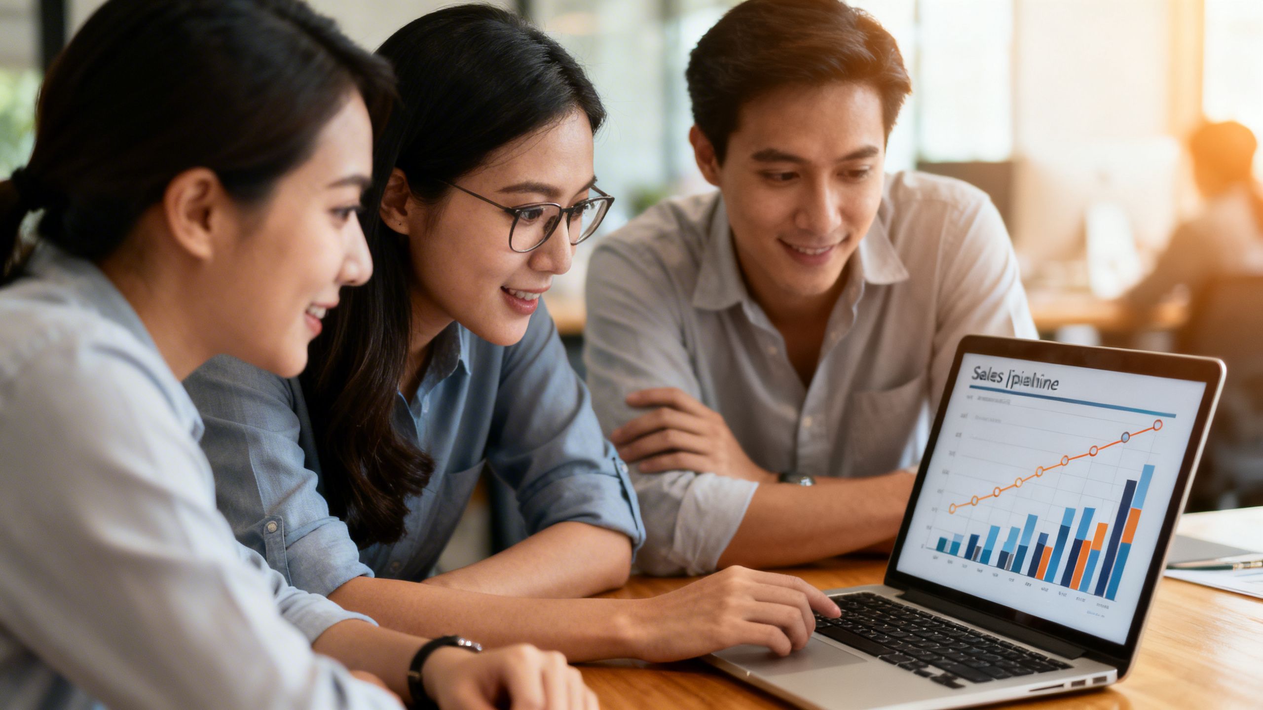 A small business team collaborating around a laptop, discussing sales pipeline data on a generic chart