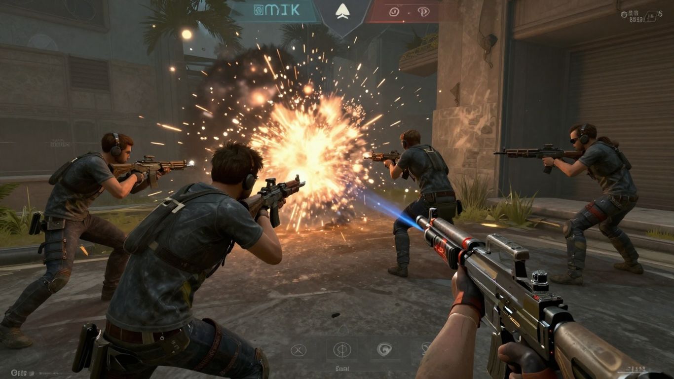 Jogadores em ação no Counter-Strike 2 com explosões.