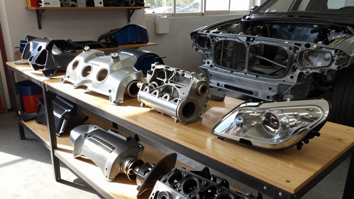 Recycled BMW parts in a Sydney workshop.