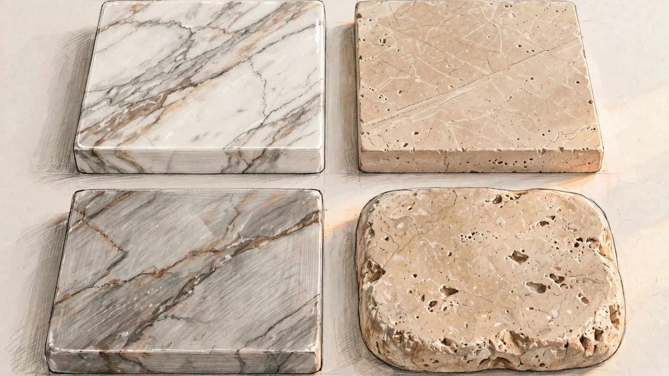 Stone tile samples showing varied finishes and sizes