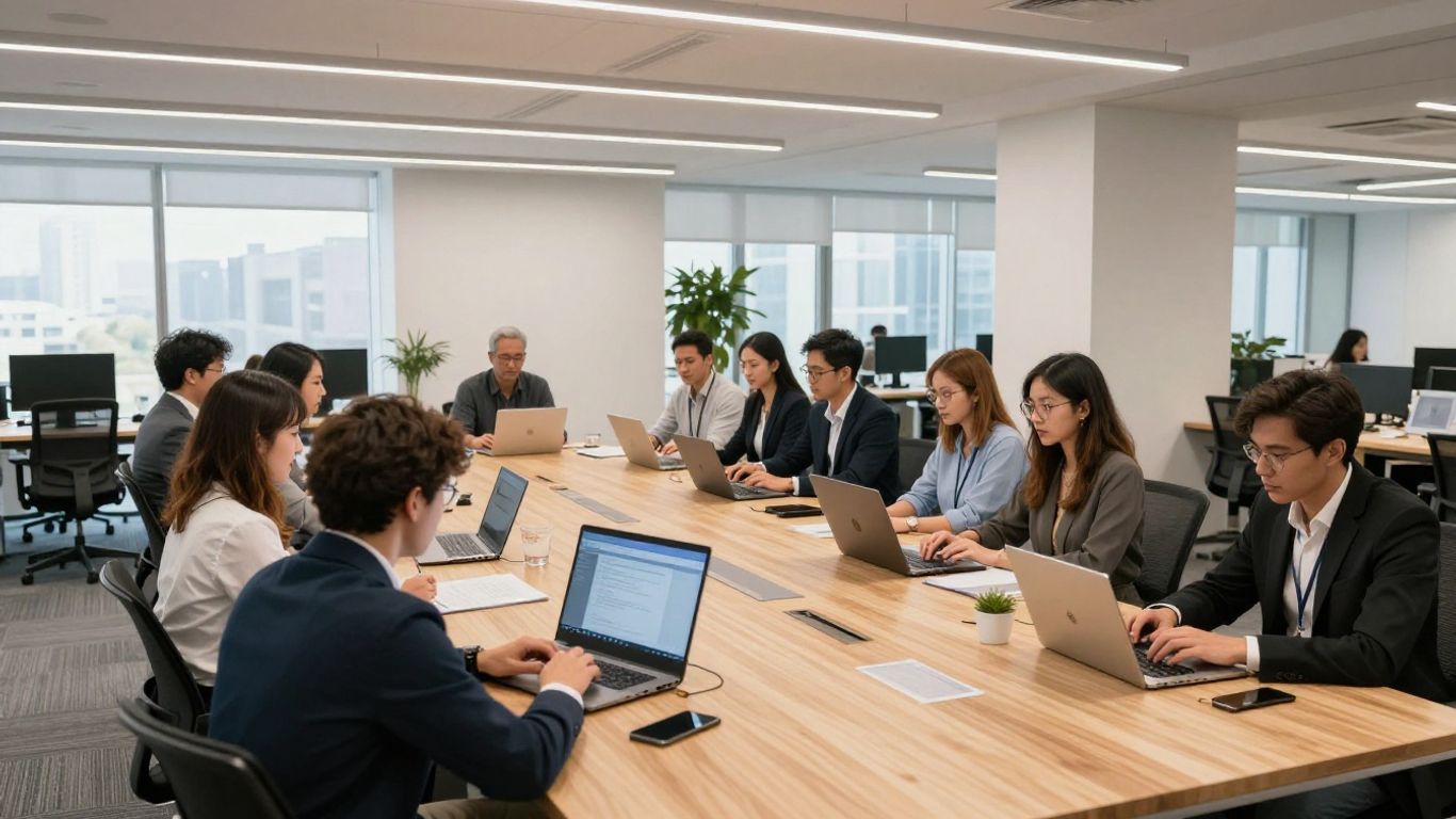 A diverse team working in a modern office