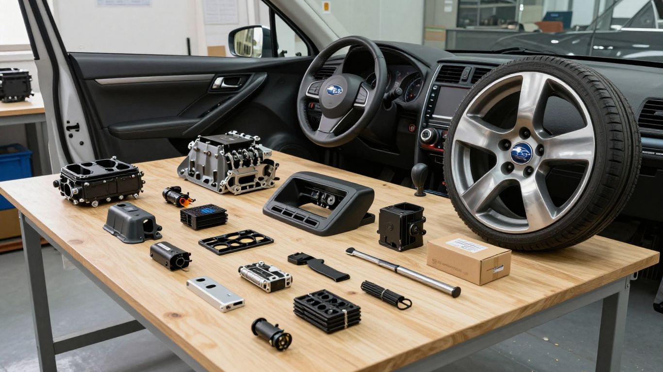 Used Subaru Outback parts arranged in workshop