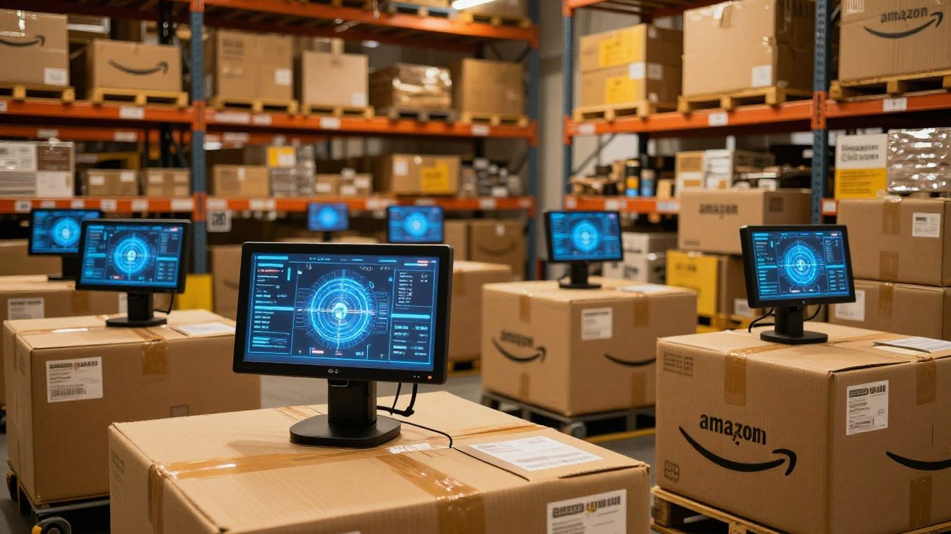 Robots work in an Amazon warehouse with technology overlays.