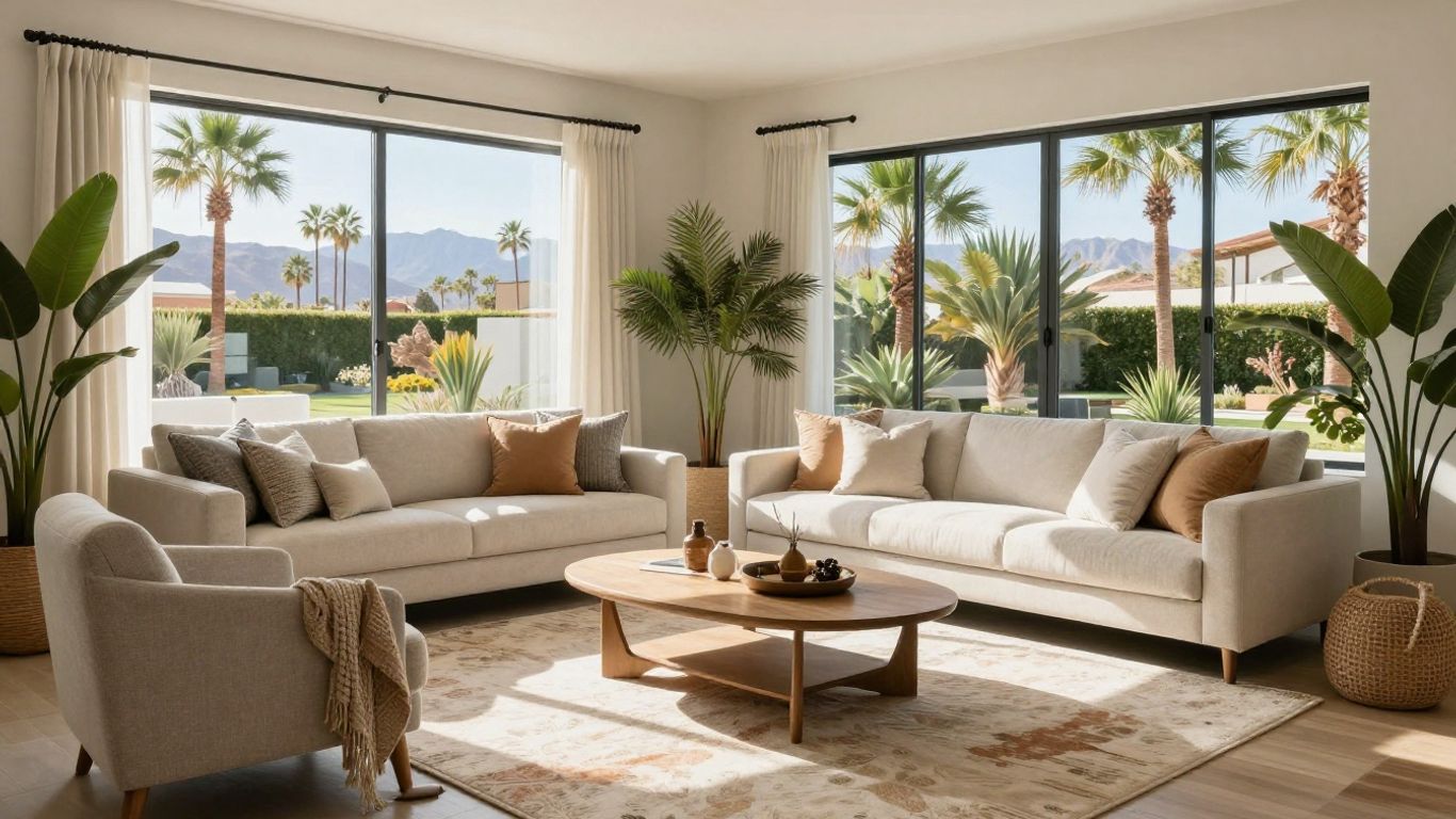 Palm Springs Airbnb living room with modern furniture and sunlight.