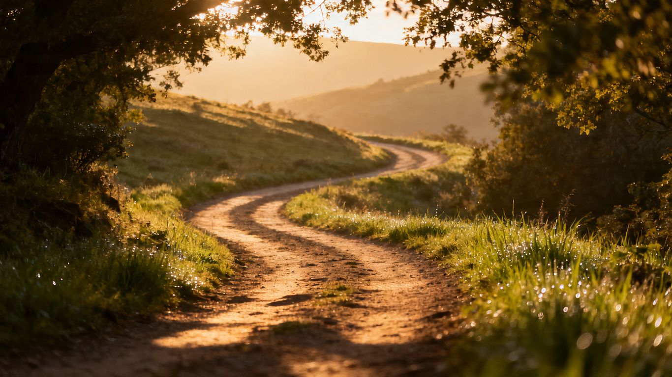 Winding path through a serene landscape towards a horizon.