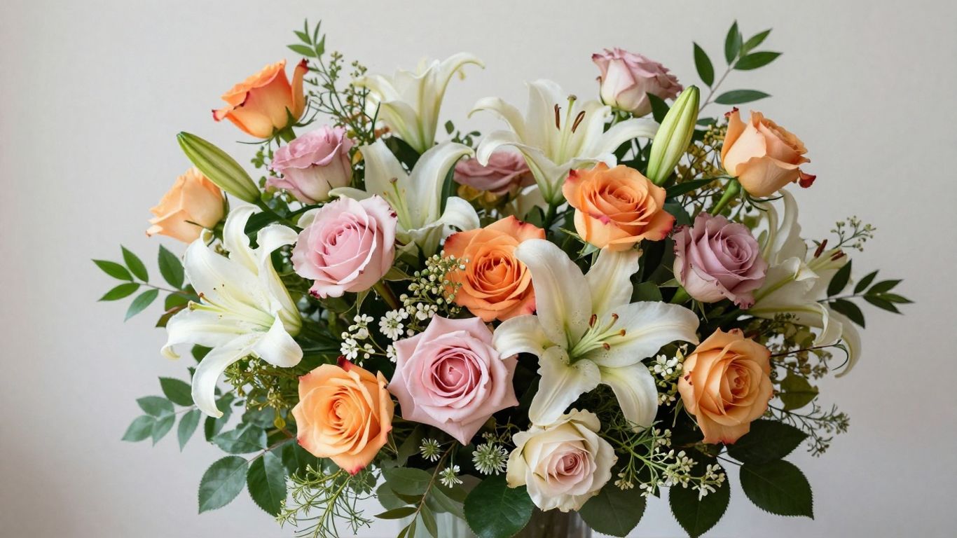 Stunning floral bouquet with colorful roses and lilies.