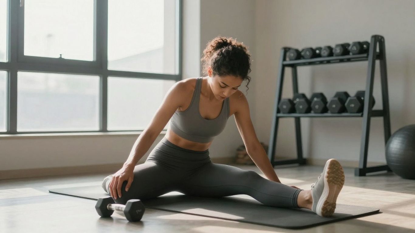 Person stretching in a home gym with sunlight.