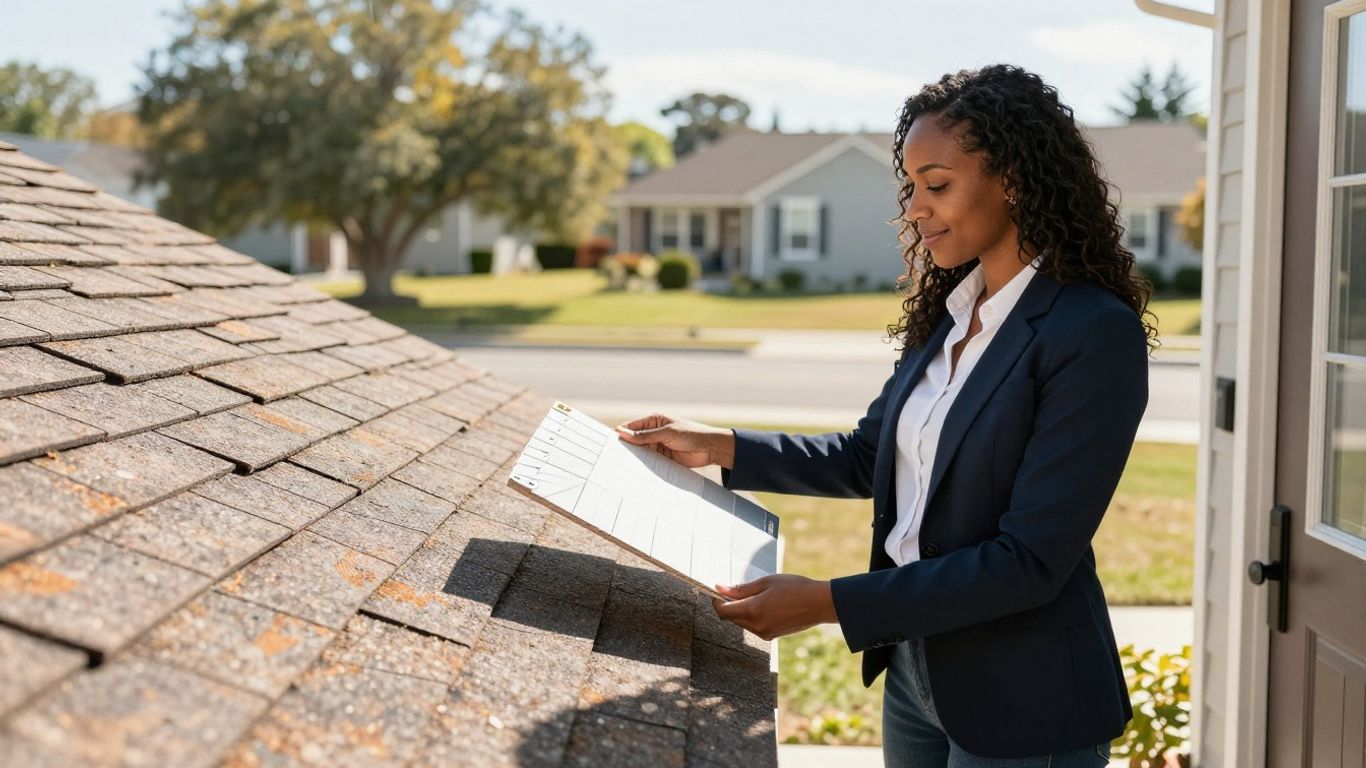 Salesperson at a house door with roofing sample.
