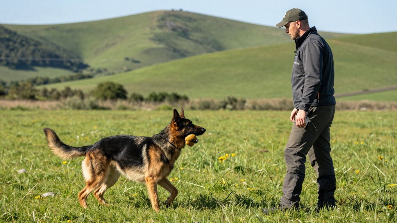 Working dog and handler training outdoors in a natural setting.