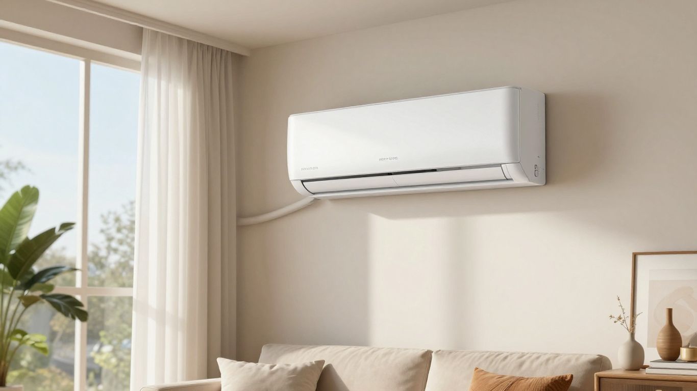 Climatisation réversible moderne dans un salon lumineux.