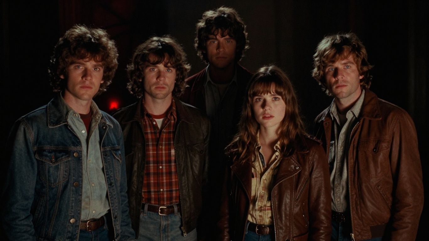 Stranger Things characters in a mysterious, retro-themed scene.