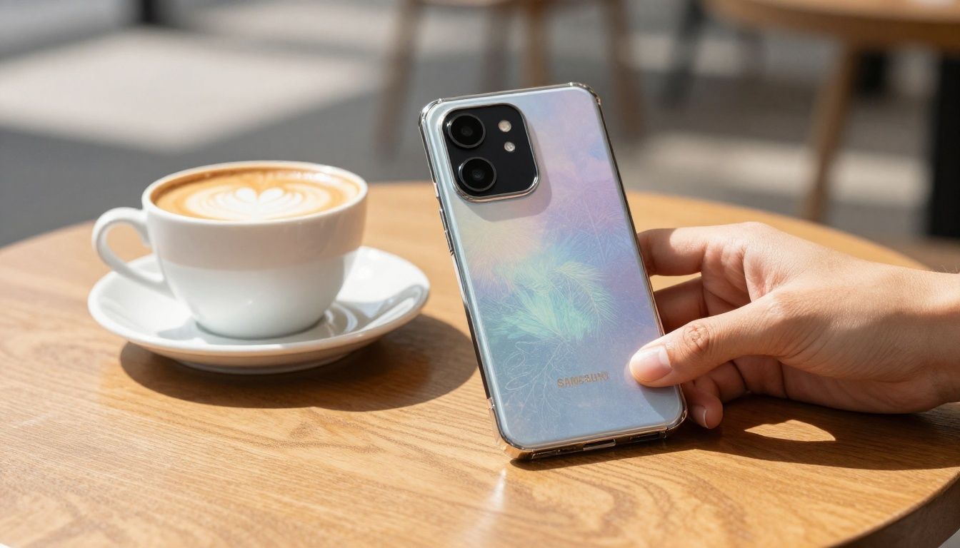 A person in a sunlit Australian cafe placing their Samsung Galaxy S26 in a stylish case onto a wooden table next to a coffee cup.
