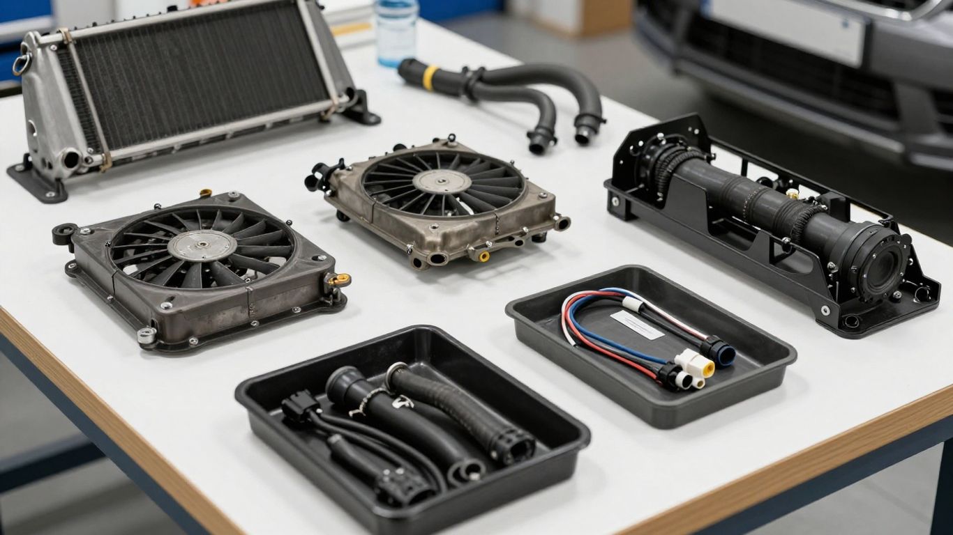 Automotive parts arranged beside repair tools