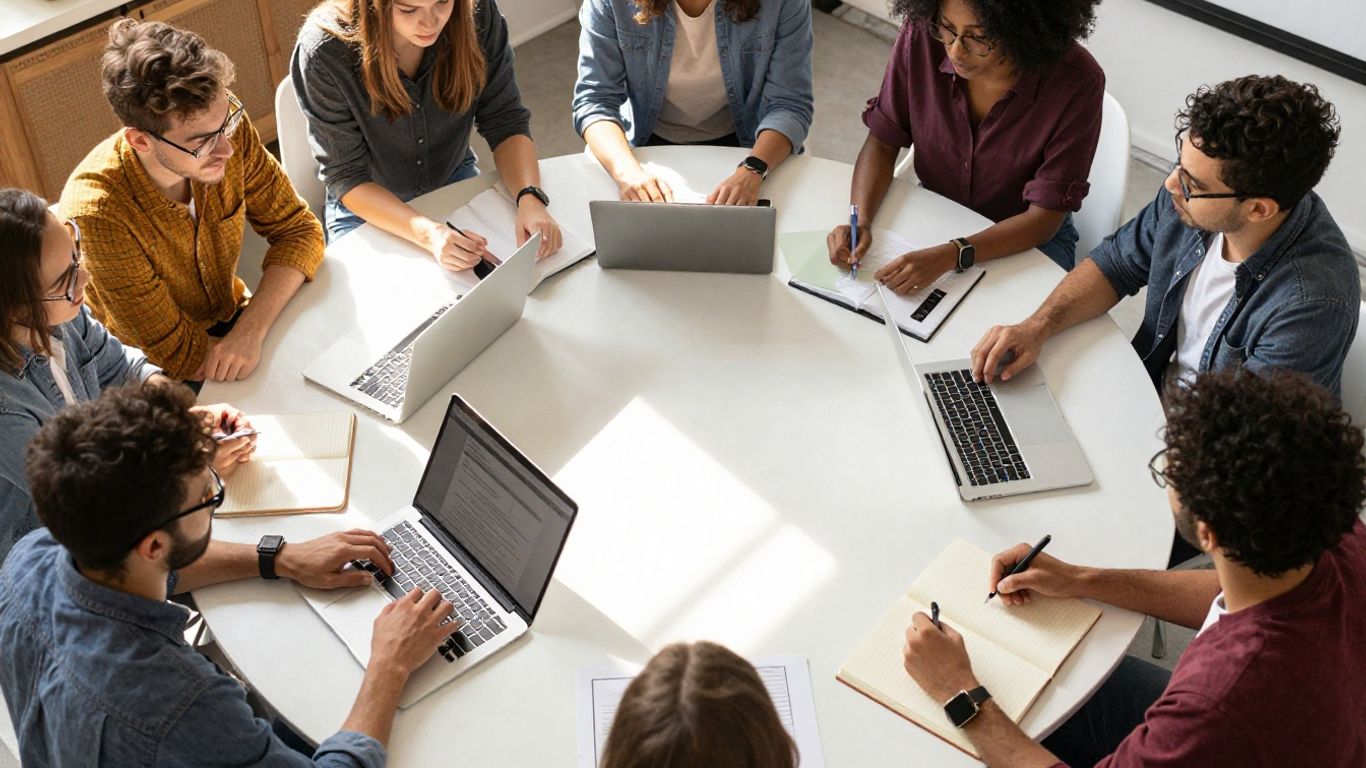 Diverse entrepreneurs working together in a bright, modern office.