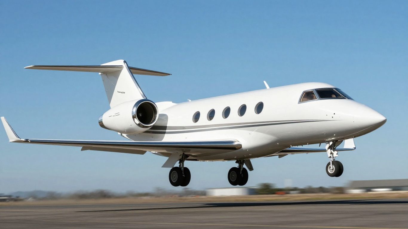 Private jet flying through the sky.