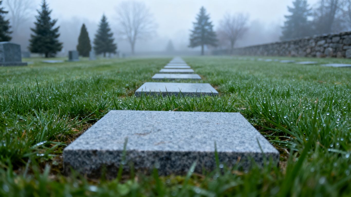 Minimalist flat grave markers in peaceful cemetery