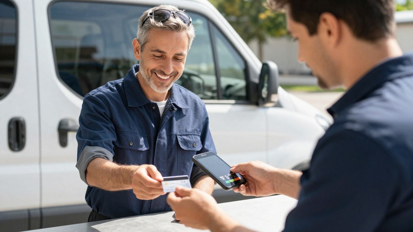 Technician and customer complete payment with mobile device outdoors
