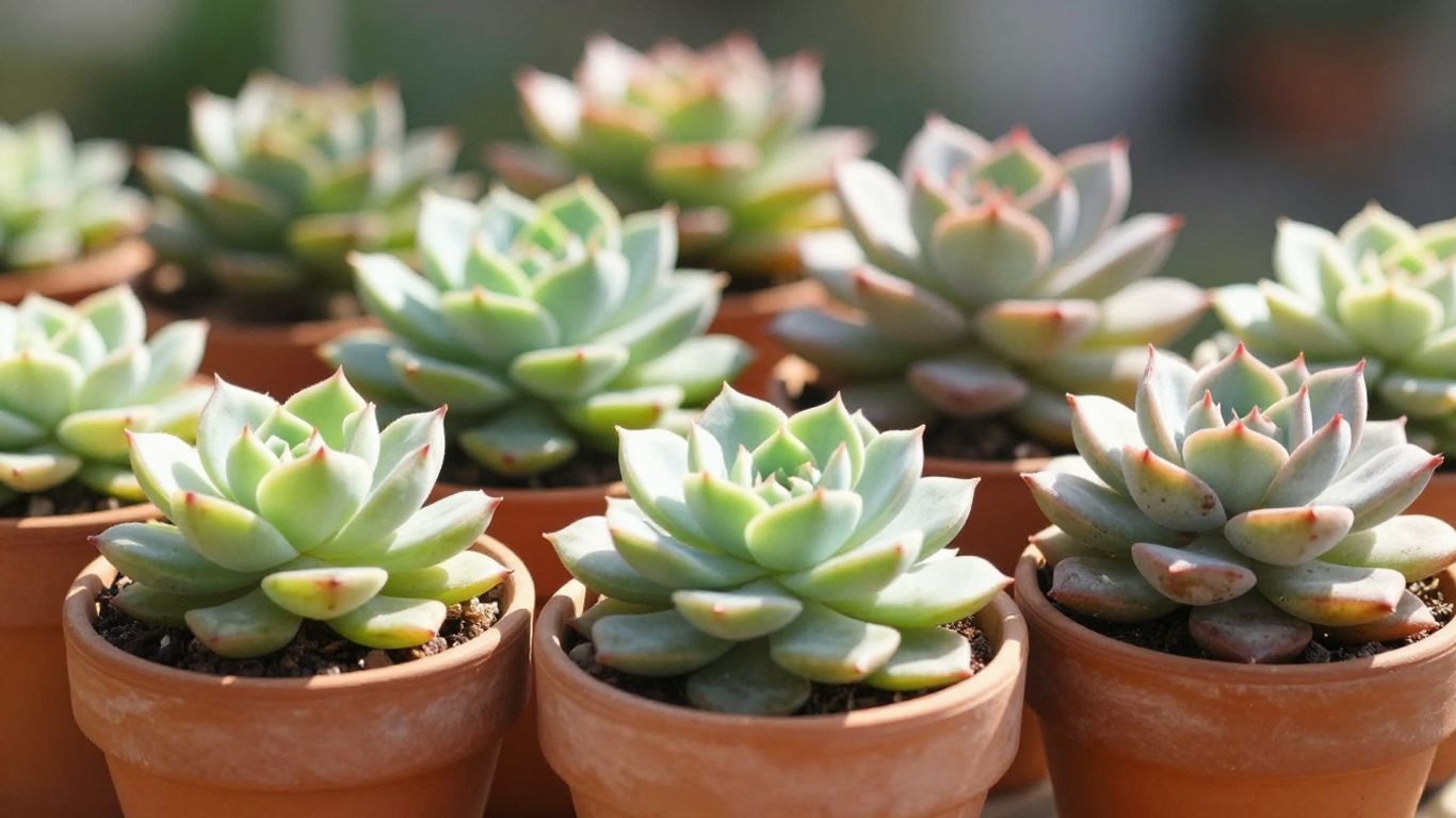 Suculentas sanas en macetas de terracota, luz solar.