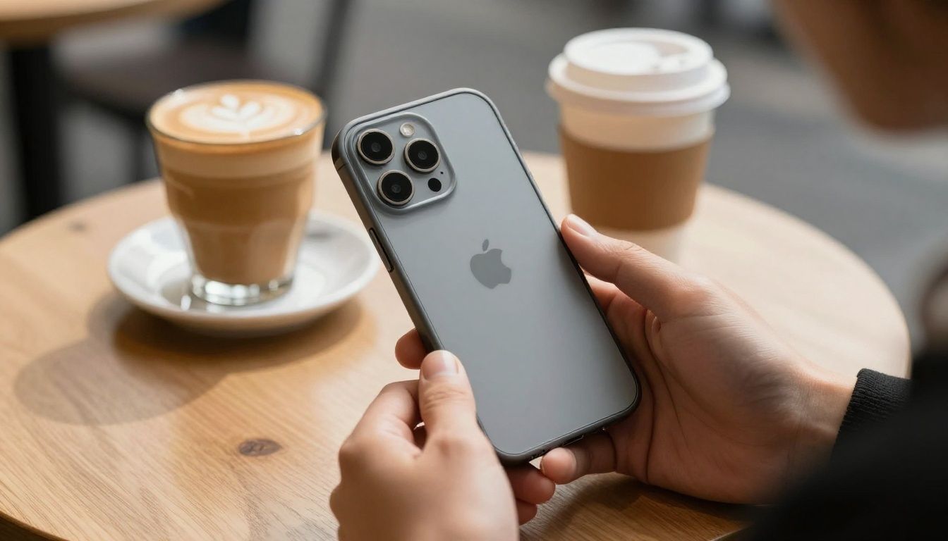 A person in a sunny Australian cafe placing their iPhone 15 Plus with a stylish case on the table next to a coffee.