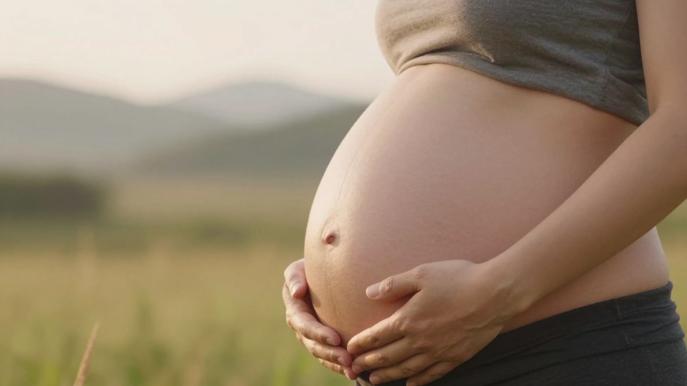 Mujer embarazada sonriendo, sosteniendo su vientre.
