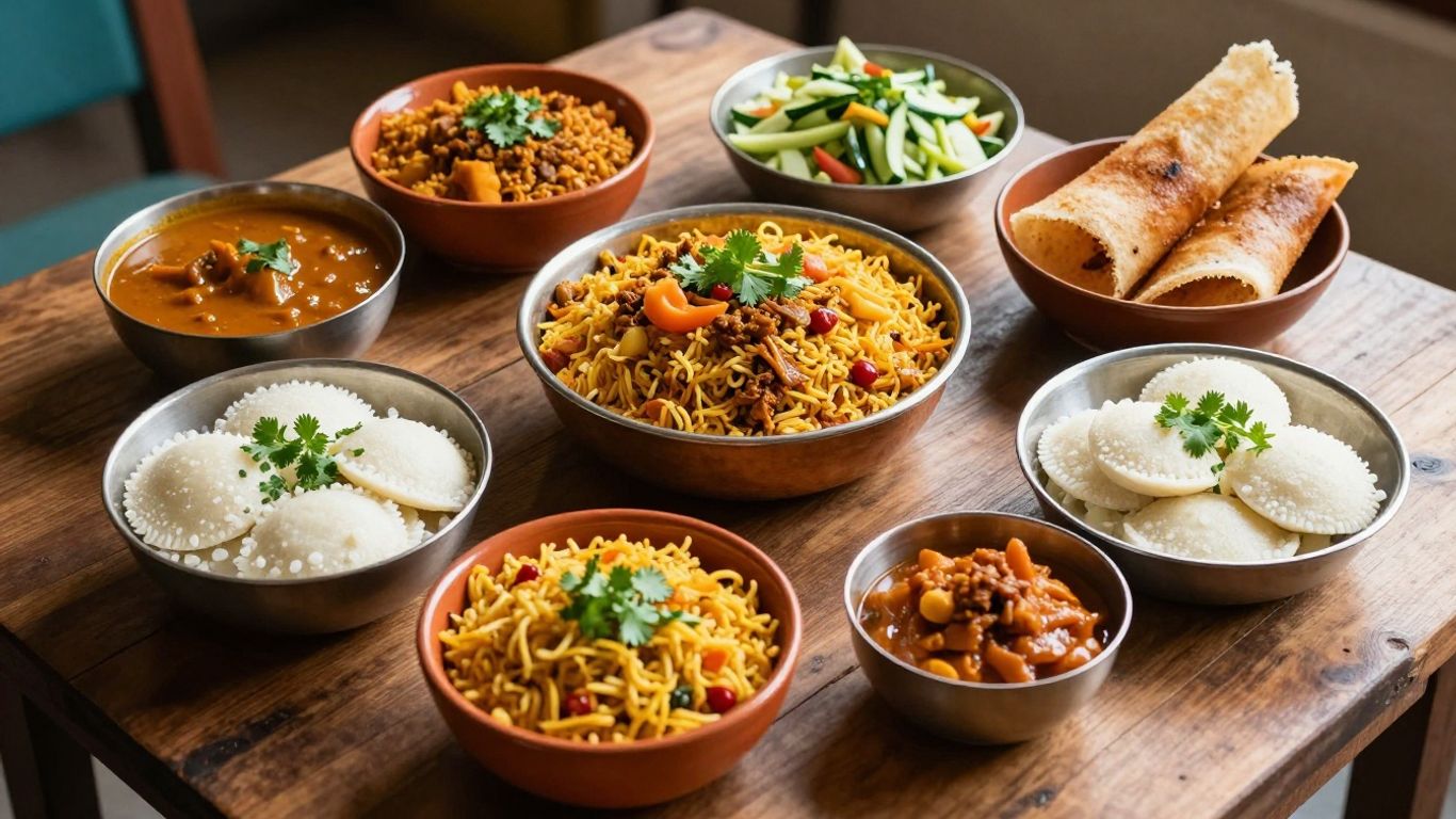 Assortment of Indian vegetarian breakfast dishes.