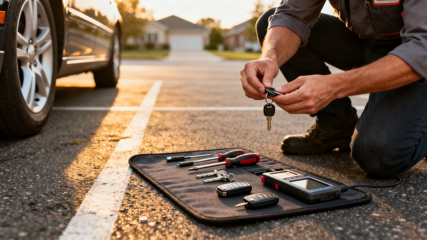 A professional mobile locksmith on-site in an outdoor setting