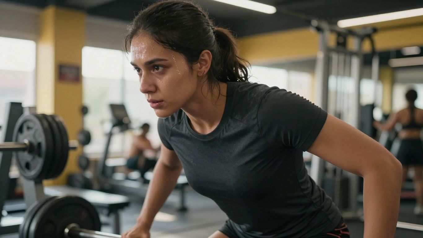 Person exercising intensely in a bright, modern gym.