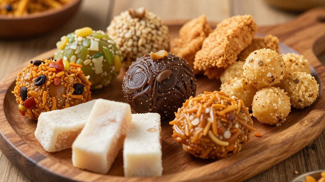 Assortment of Indian sweets and savory snacks.