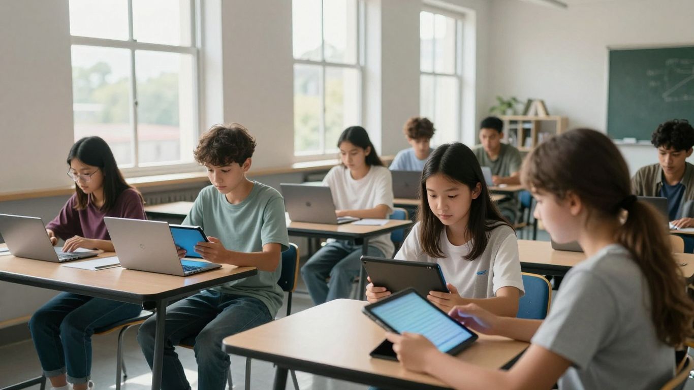 Elevi folosind dispozitive digitale în clasă modernă.