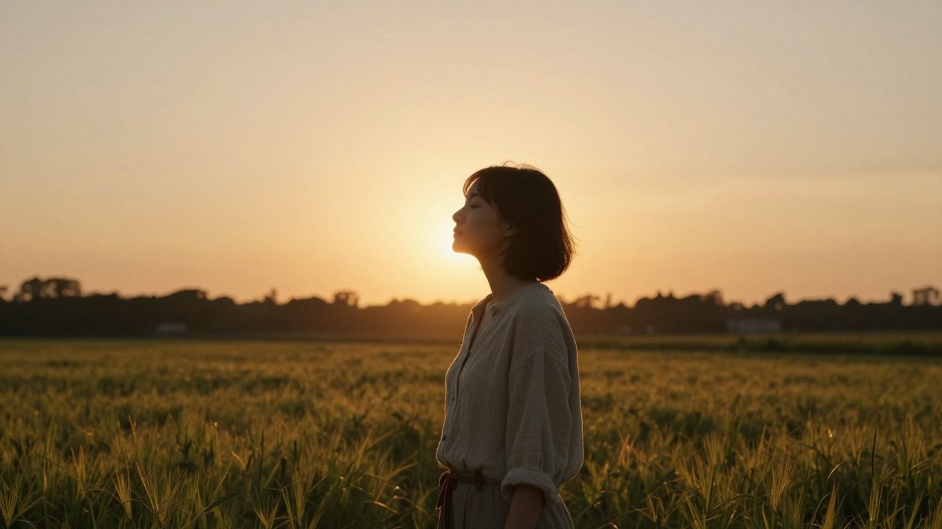 Une personne sereine respirant profondément au coucher du soleil