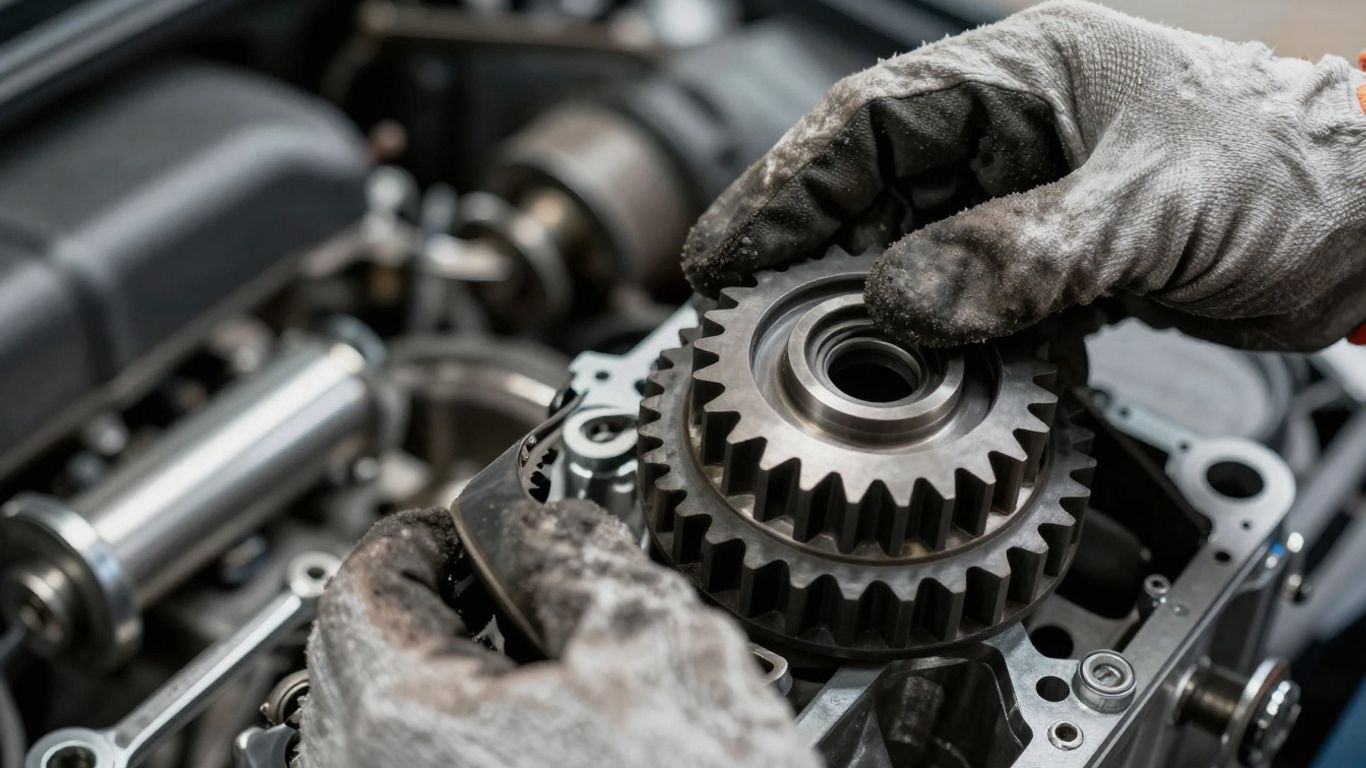 A mechanic inspecting a Volvo timing belt